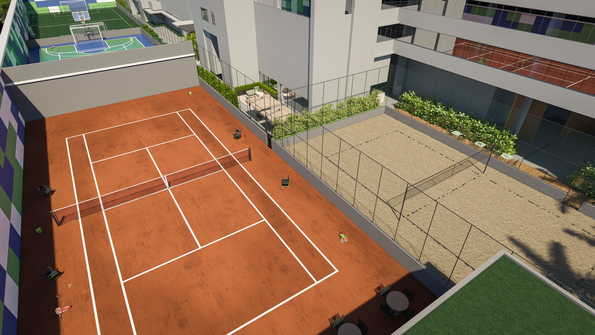 Quadra de tênis de saibro do Vernissage Vitória, empreendimento de alto padrão da Galwan-construtora